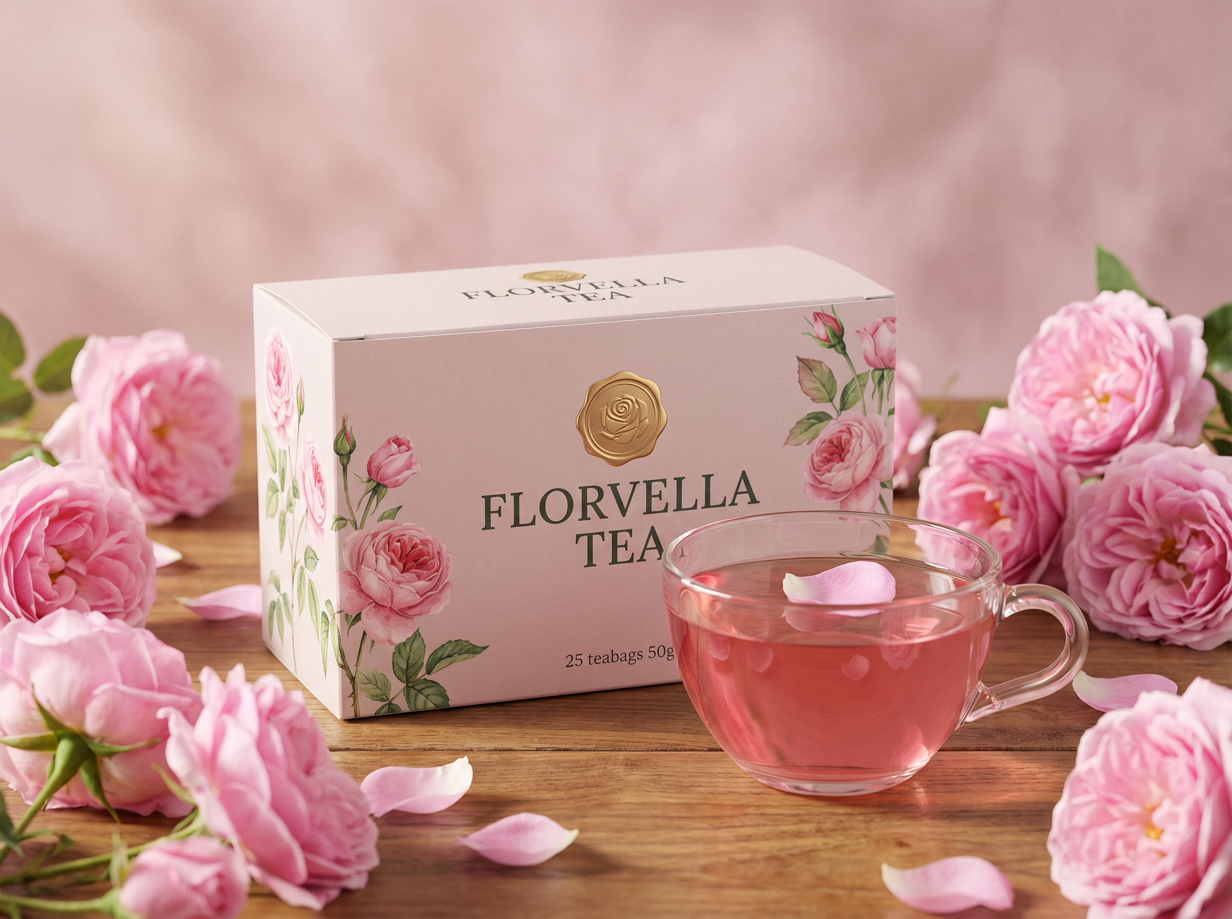 Rose Bloom carton on pale marble with scattered Rosa damascena petals