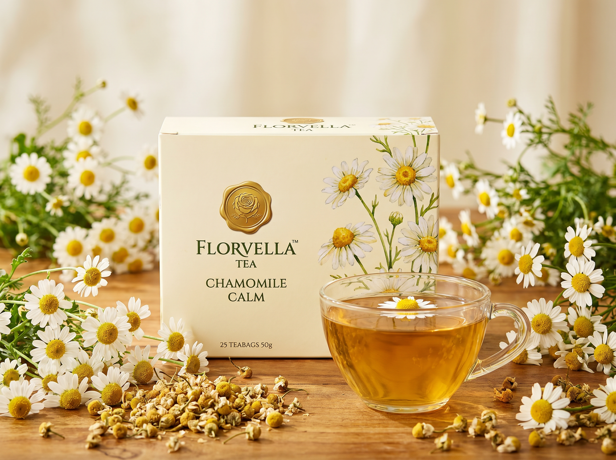 Chamomile Calm carton on hand-loomed muslin with dried chamomile heads