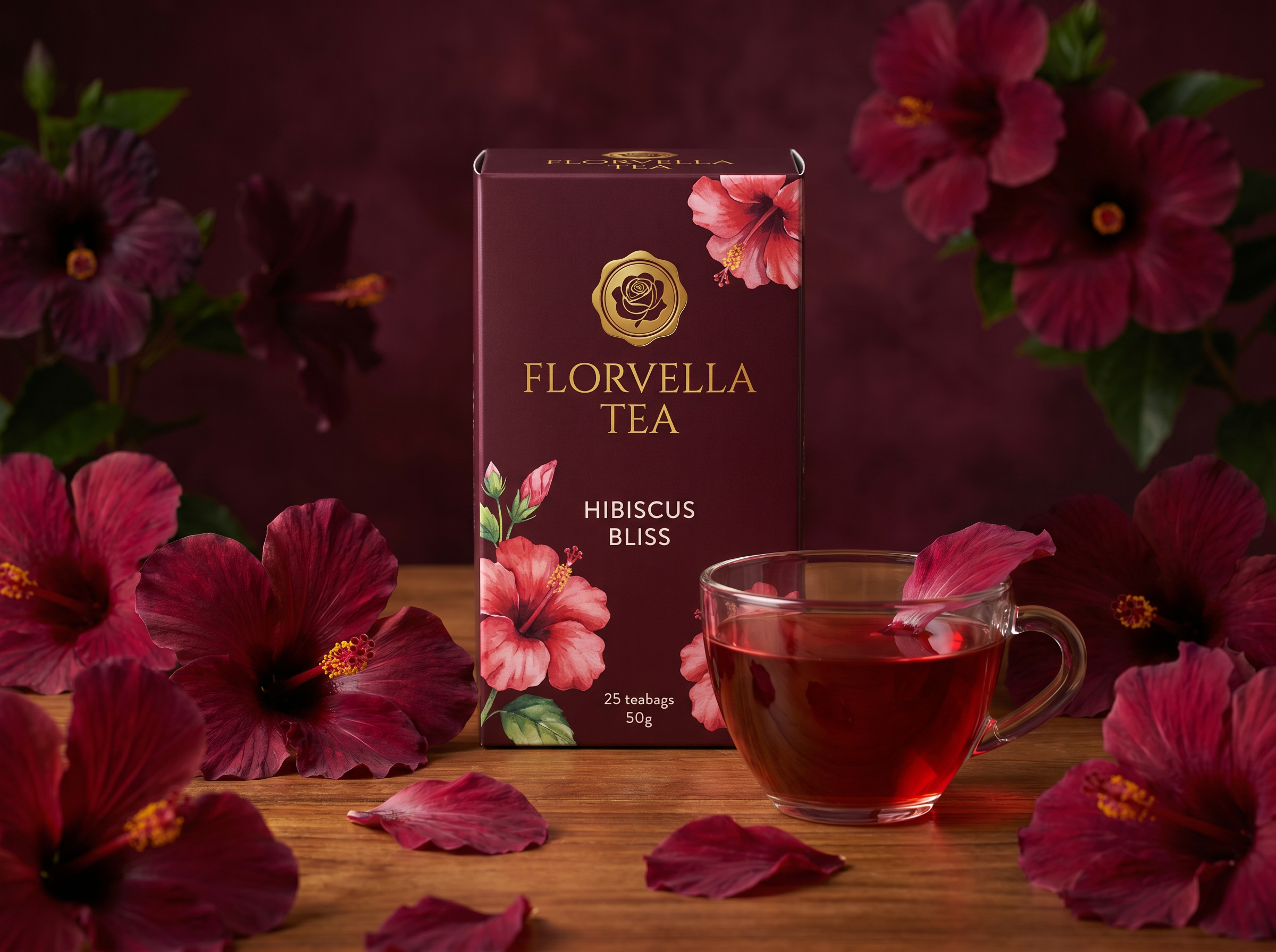 Hibiscus Bliss carton on a terracotta plate beside dried hibiscus calyxes