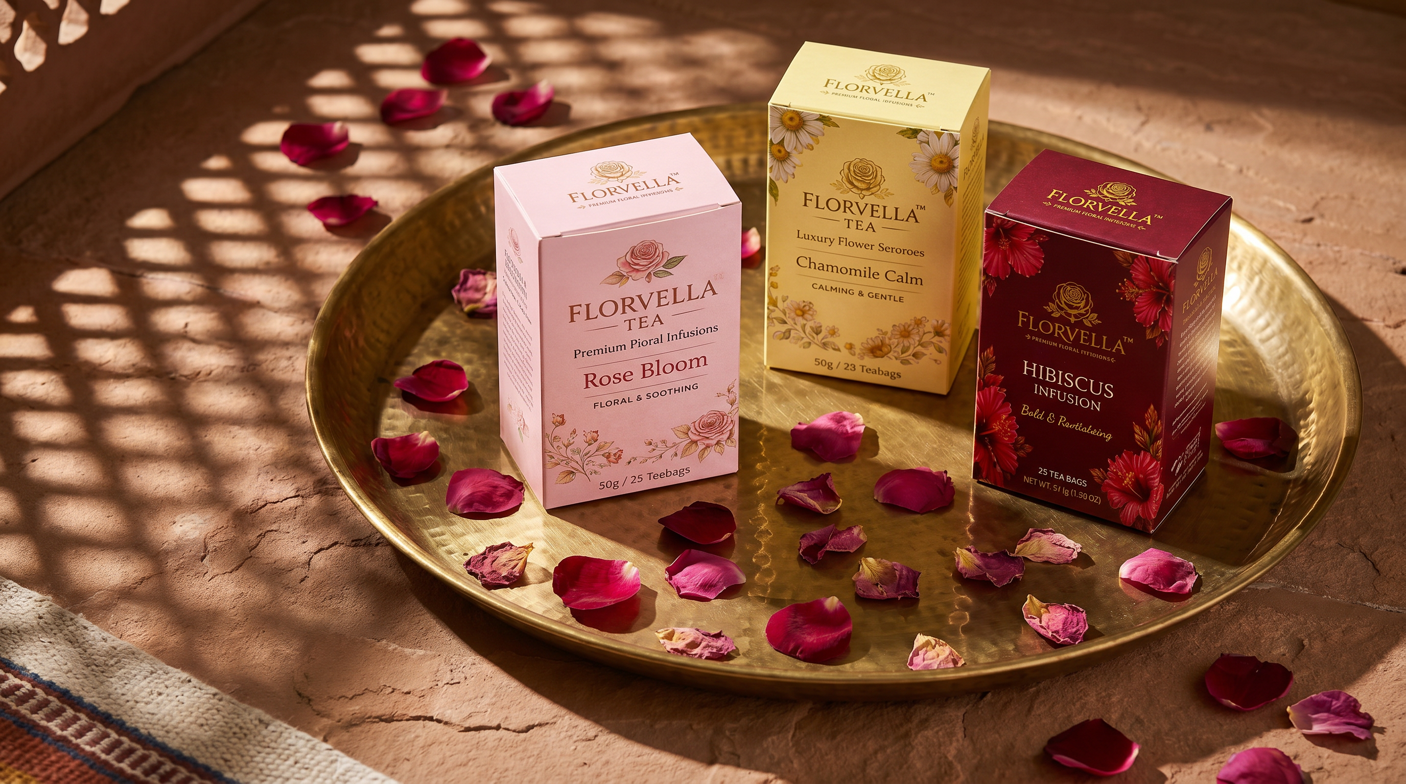 Brass tray with three Florvella cartons, scattered rose petals, jaali shadow on sandstone